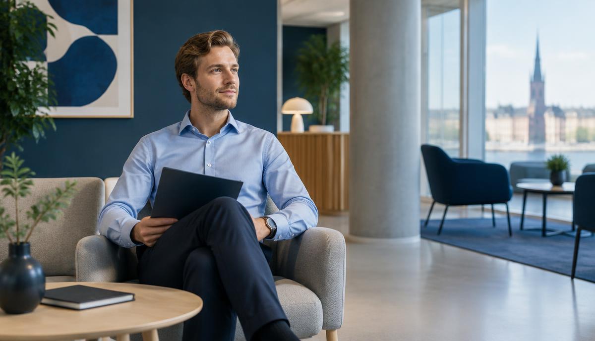 Man väntar på anställningsintervju i en ljus kontorsentré